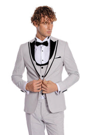 Velvet Lapel Vested Patterned Grey Men Tuxedo - Wessi