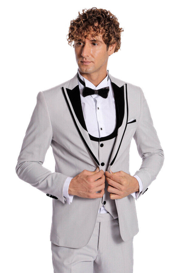 Velvet Lapel Vested Patterned Grey Men Tuxedo - Wessi