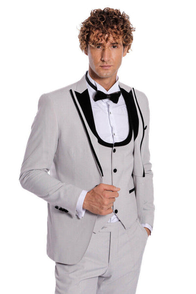 Velvet Lapel Vested Patterned Grey Men Tuxedo - Wessi