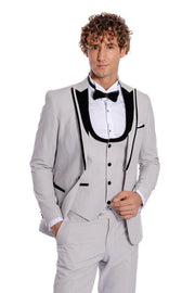 Velvet Lapel Vested Patterned Grey Men Tuxedo - Wessi