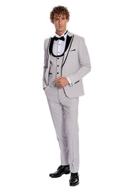 Velvet Lapel Vested Patterned Grey Men Tuxedo - Wessi