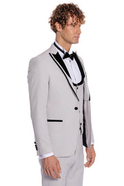 Velvet Lapel Vested Patterned Grey Men Tuxedo - Wessi