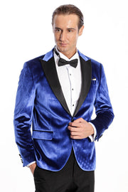 Velvet Navy Blue Slim Fit Men Prom Blazer - Wessi