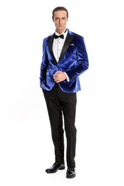 Velvet Navy Blue Slim Fit Men Prom Blazer - Wessi