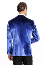 Velvet Navy Blue Slim Fit Men Prom Blazer - Wessi