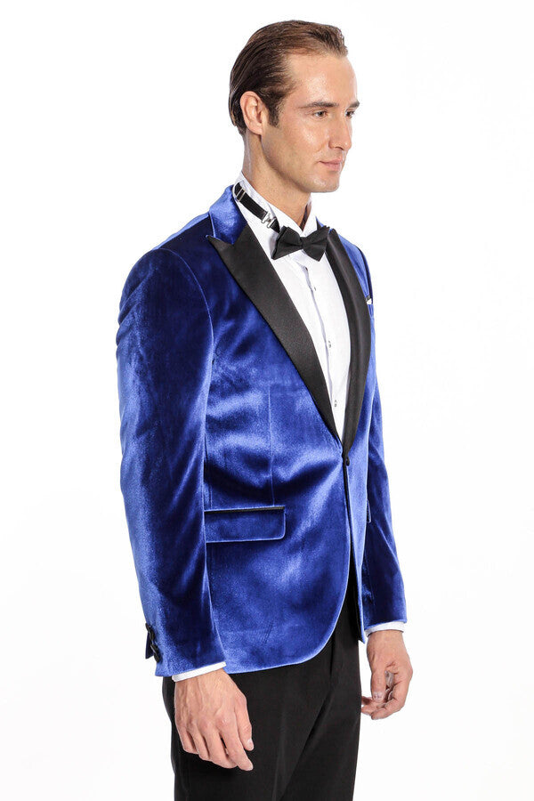 Velvet Navy Blue Slim Fit Men Prom Blazer - Wessi