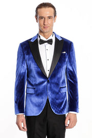 Velvet Navy Blue Slim Fit Men Prom Blazer - Wessi