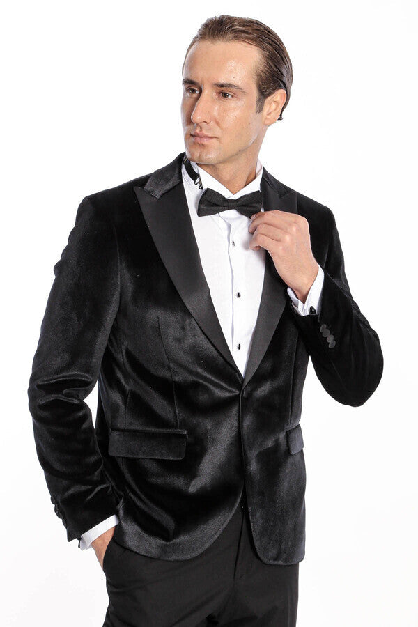 Velvet Slim Fit Black Men Prom Blazer - Wessi