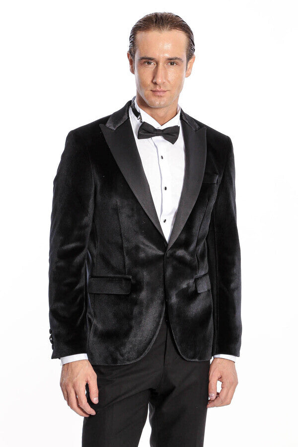 Velvet Slim Fit Black Men Prom Blazer - Wessi