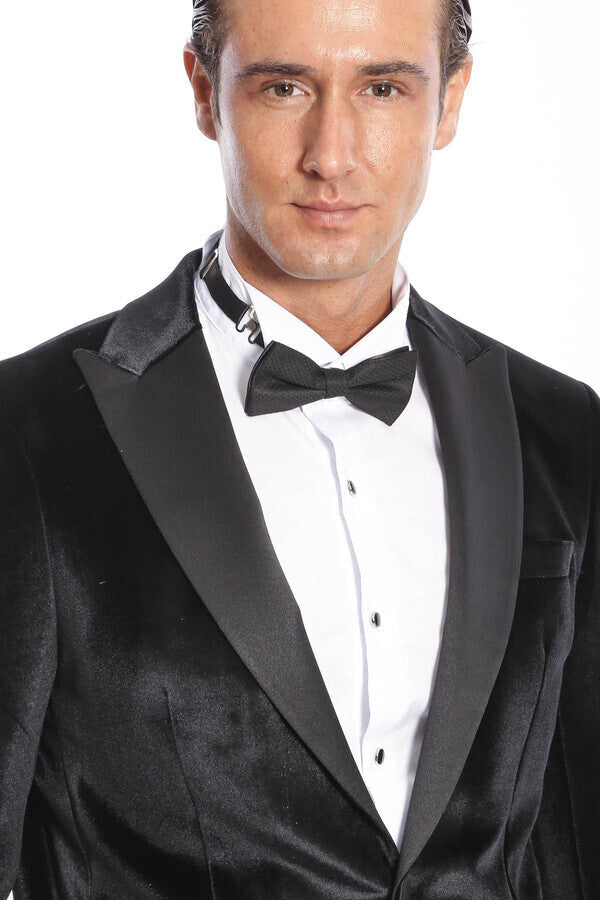 Velvet Slim Fit Black Men Prom Blazer - Wessi