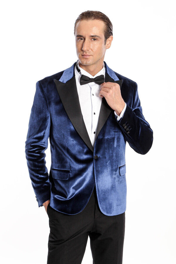 Velvet Slim Fit Blue Men Prom Blazer - Wessi