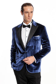 Velvet Slim Fit Blue Men Prom Blazer - Wessi