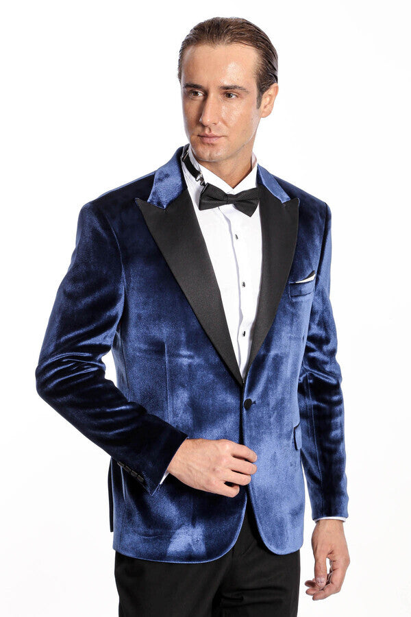 Velvet Slim Fit Blue Men Prom Blazer - Wessi