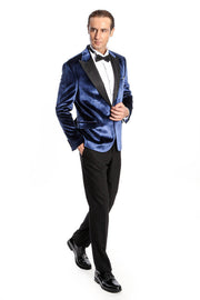 Velvet Slim Fit Blue Men Prom Blazer - Wessi