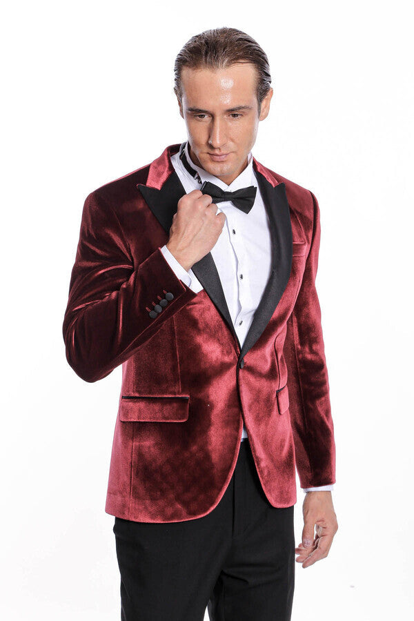 Velvet Slim Fit Burgundy Men Prom Blazer - Wessi