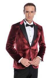 Velvet Slim Fit Burgundy Men Prom Blazer - Wessi