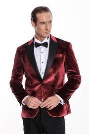 Velvet Slim Fit Burgundy Men Prom Blazer - Wessi