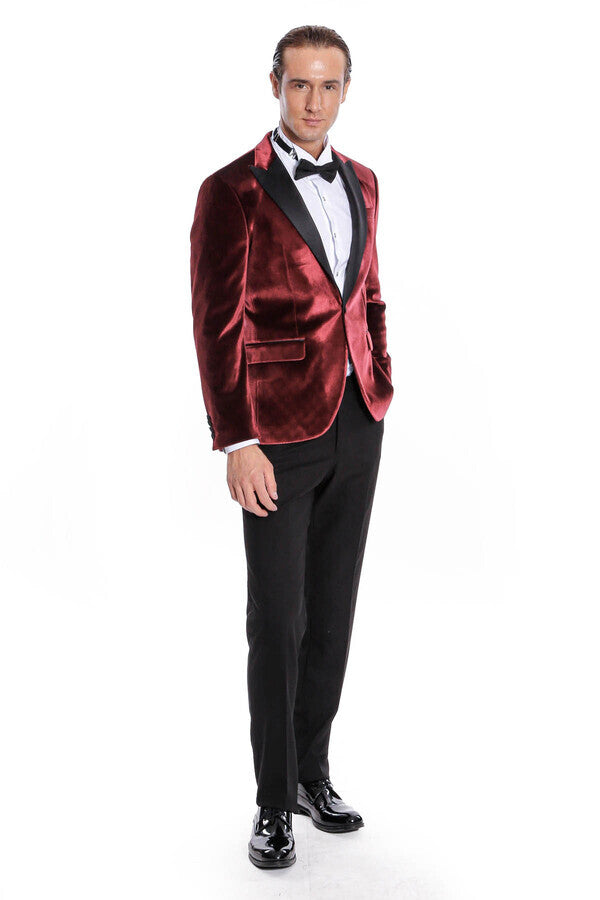 Velvet Slim Fit Burgundy Men Prom Blazer - Wessi