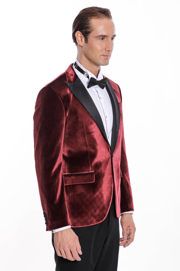 Velvet Slim Fit Burgundy Men Prom Blazer - Wessi