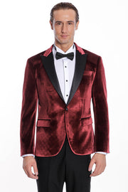 Velvet Slim Fit Burgundy Men Prom Blazer - Wessi