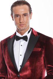 Velvet Slim Fit Burgundy Men Prom Blazer - Wessi