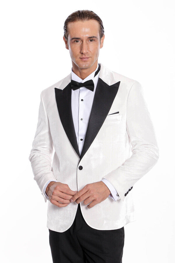 Velvet Slim Fit White Men Prom Blazer - Wessi