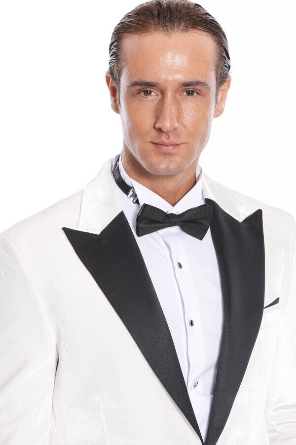 Velvet Slim Fit White Men Prom Blazer - Wessi