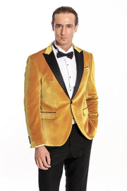 Velvet Slim Fit Yellow Men Prom Blazer - Wessi