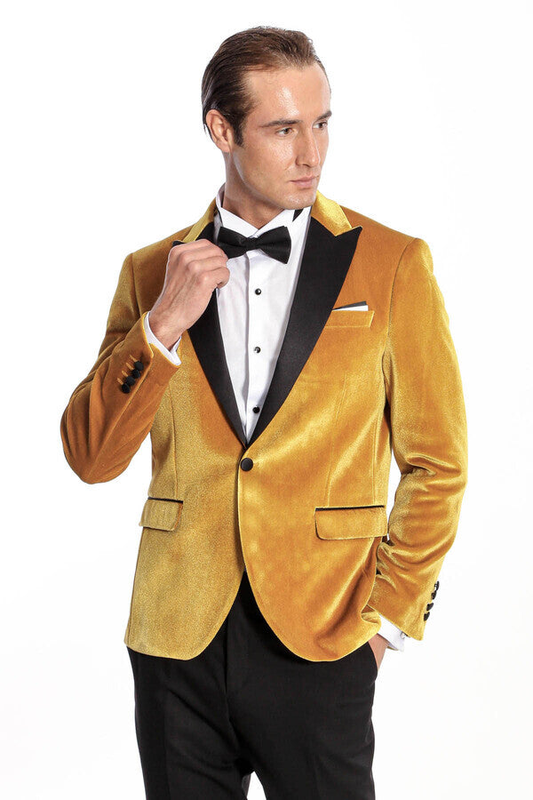 Velvet Slim Fit Yellow Men Prom Blazer - Wessi