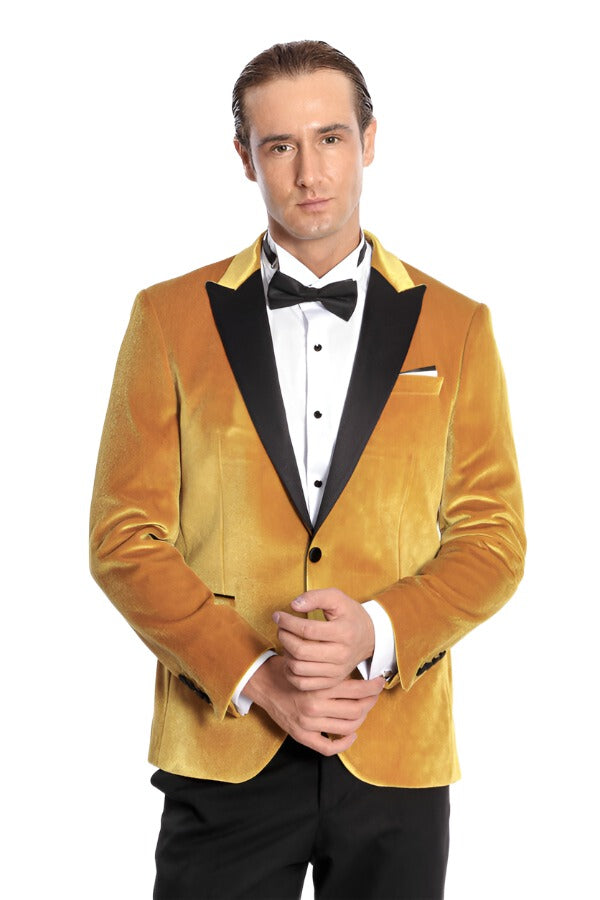 Velvet Slim Fit Yellow Men Prom Blazer - Wessi