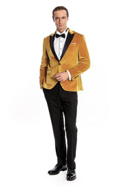 Velvet Slim Fit Yellow Men Prom Blazer - Wessi