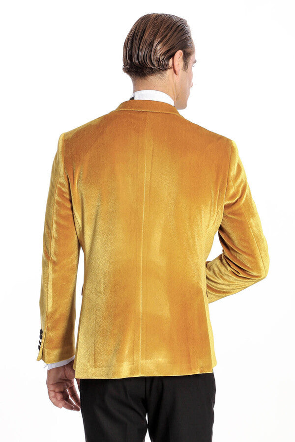 Velvet Slim Fit Yellow Men Prom Blazer - Wessi