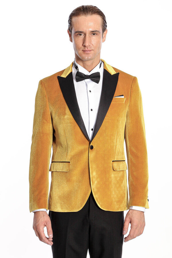 Velvet Slim Fit Yellow Men Prom Blazer - Wessi