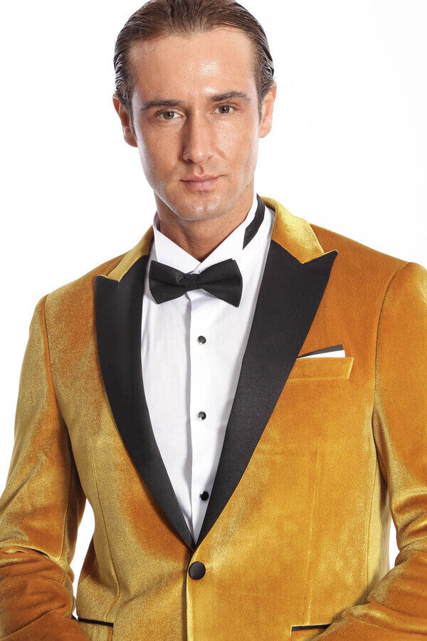 Velvet Slim Fit Yellow Men Prom Blazer - Wessi