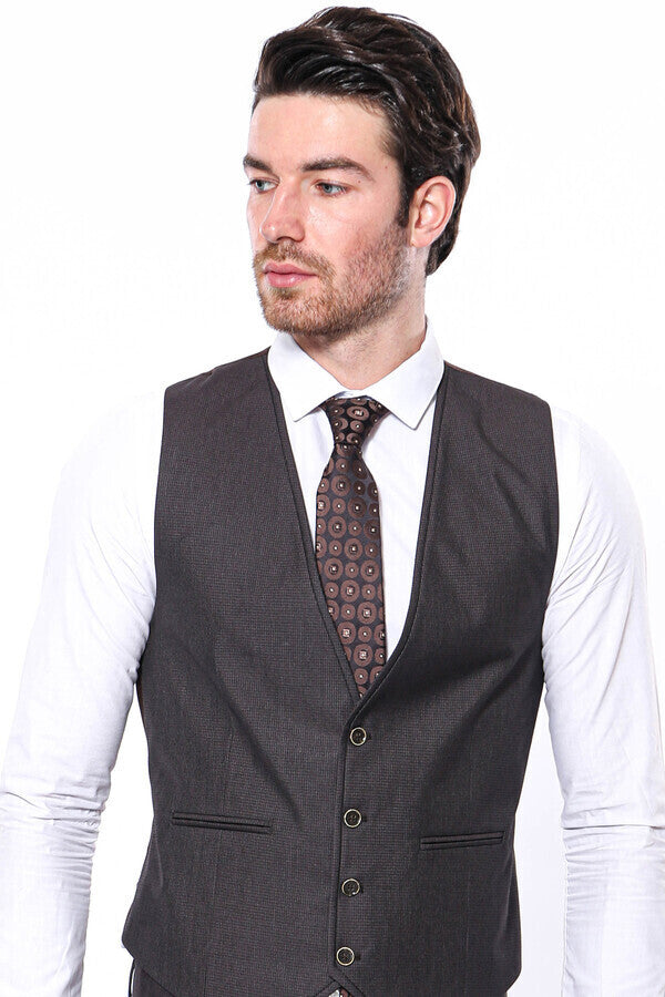 Vested Brown Patterned Men's Suit | Wessi