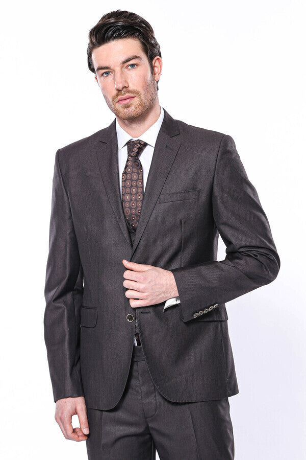 Vested Brown Patterned Men's Suit | Wessi