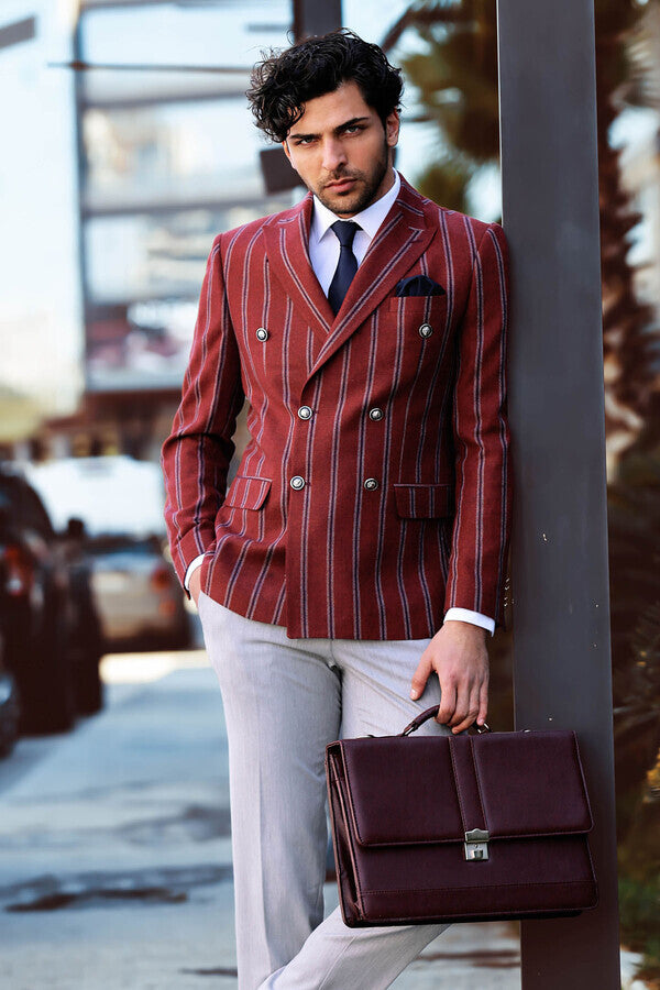 Wide Lapel Striped Double Breasted Burgundy Men Blazer - Wessi