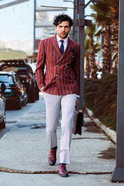 Wide Lapel Striped Double Breasted Burgundy Men Blazer - Wessi