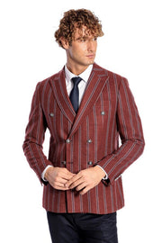 Wide Lapel Striped Double Breasted Burgundy Men Blazer - Wessi