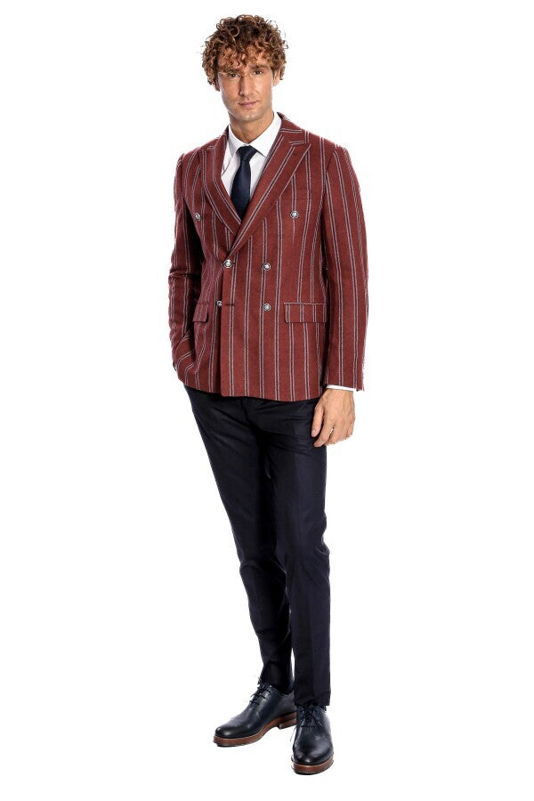 Wide Lapel Striped Double Breasted Burgundy Men Blazer - Wessi