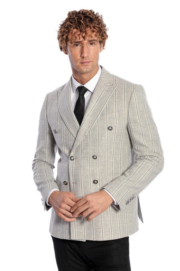 Wide Lapel Striped Double Breasted Grey Men Blazer - Wessi