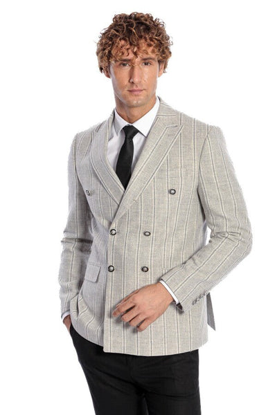 Wide Lapel Striped Double Breasted Grey Men Blazer - Wessi