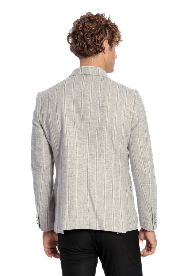 Wide Lapel Striped Double Breasted Grey Men Blazer - Wessi