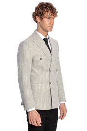 Wide Lapel Striped Double Breasted Grey Men Blazer - Wessi