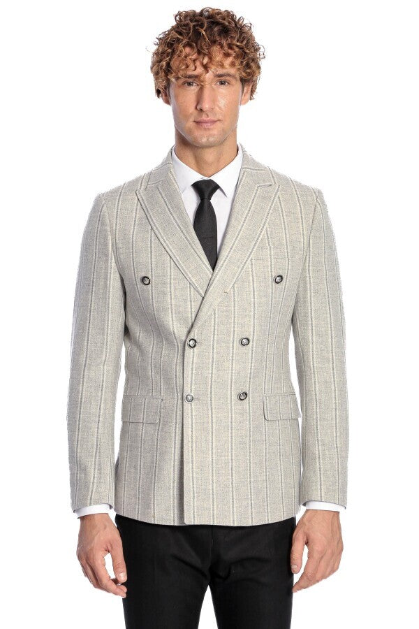 Wide Lapel Striped Double Breasted Grey Men Blazer - Wessi