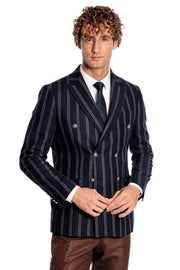 Wide Lapel Striped Double Breasted Navy Blue Men Blazer - Wessi