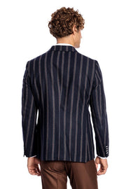 Wide Lapel Striped Double Breasted Navy Blue Men Blazer - Wessi