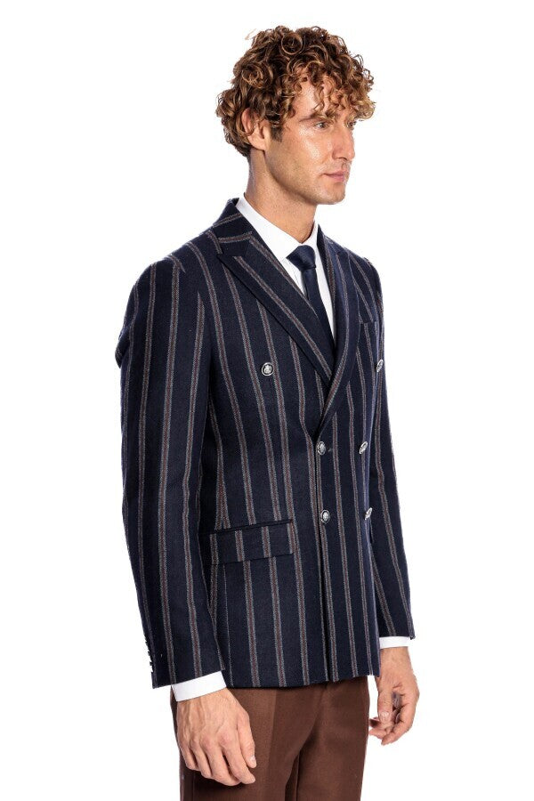 Wide Lapel Striped Double Breasted Navy Blue Men Blazer - Wessi