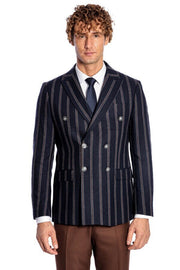 Wide Lapel Striped Double Breasted Navy Blue Men Blazer - Wessi