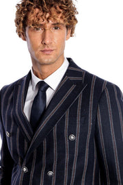 Wide Lapel Striped Double Breasted Navy Blue Men Blazer - Wessi